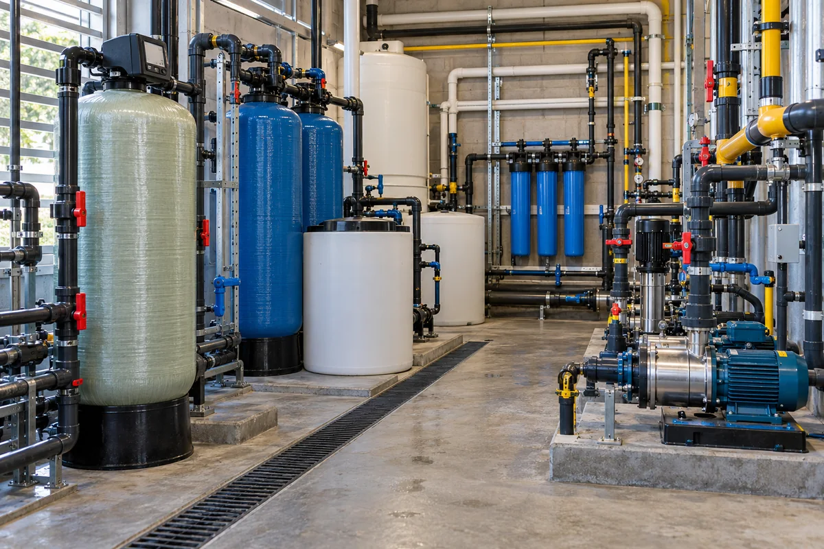 Illustrative car wash filtration tanks, pumps and accessible water-system piping