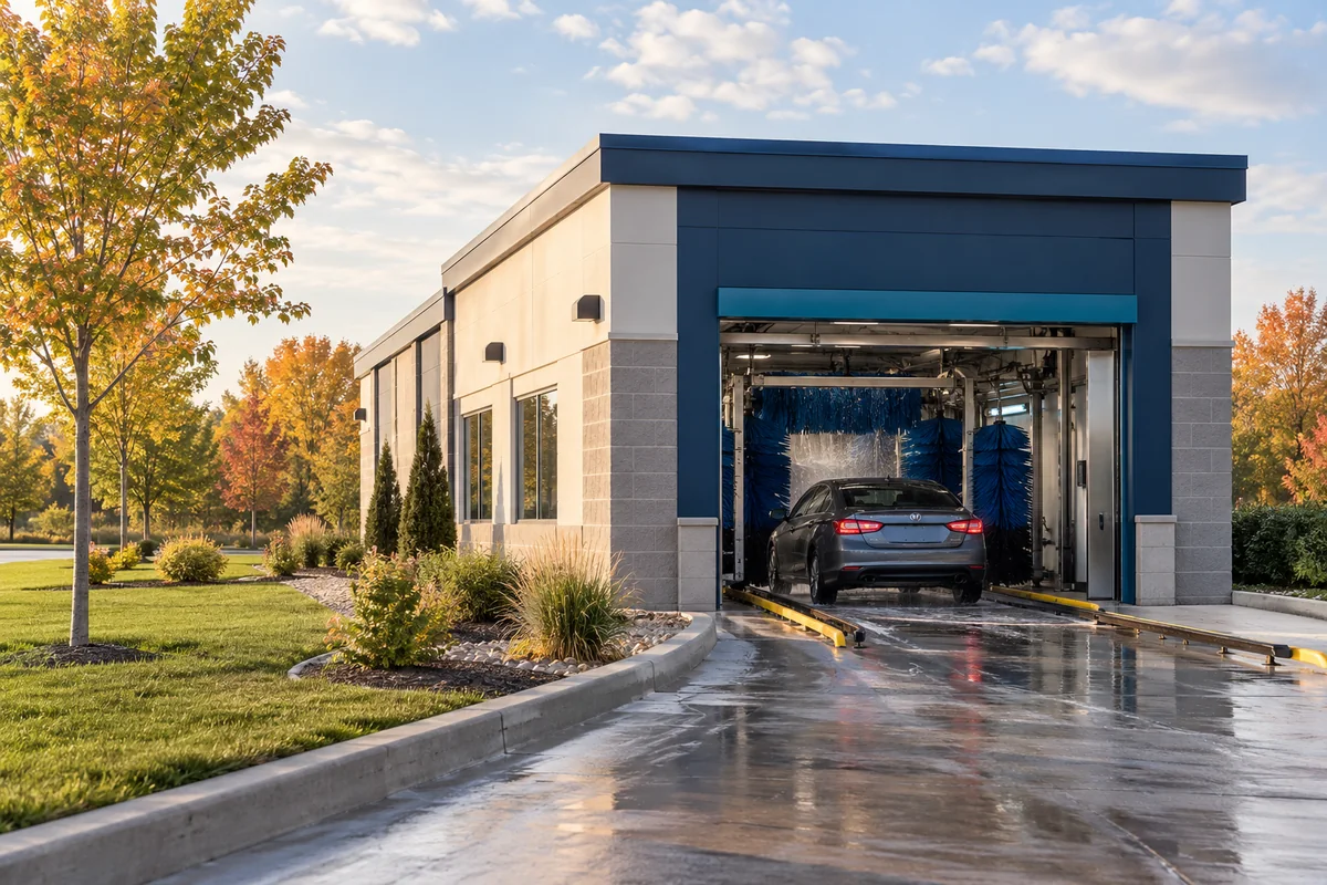 Illustrative independent car wash exterior with a clear approach and tunnel entrance