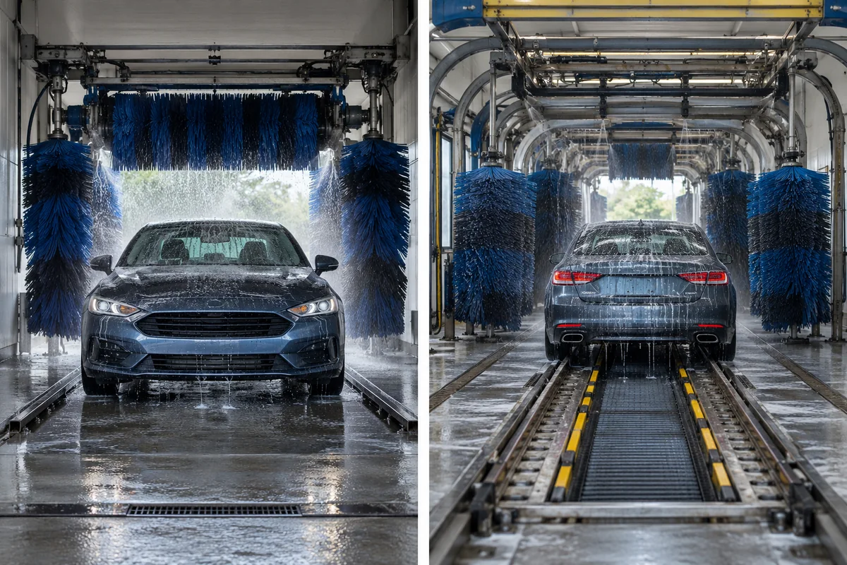 Illustrative comparison of a stationary wash bay on the left and conveyor arrangement on the right