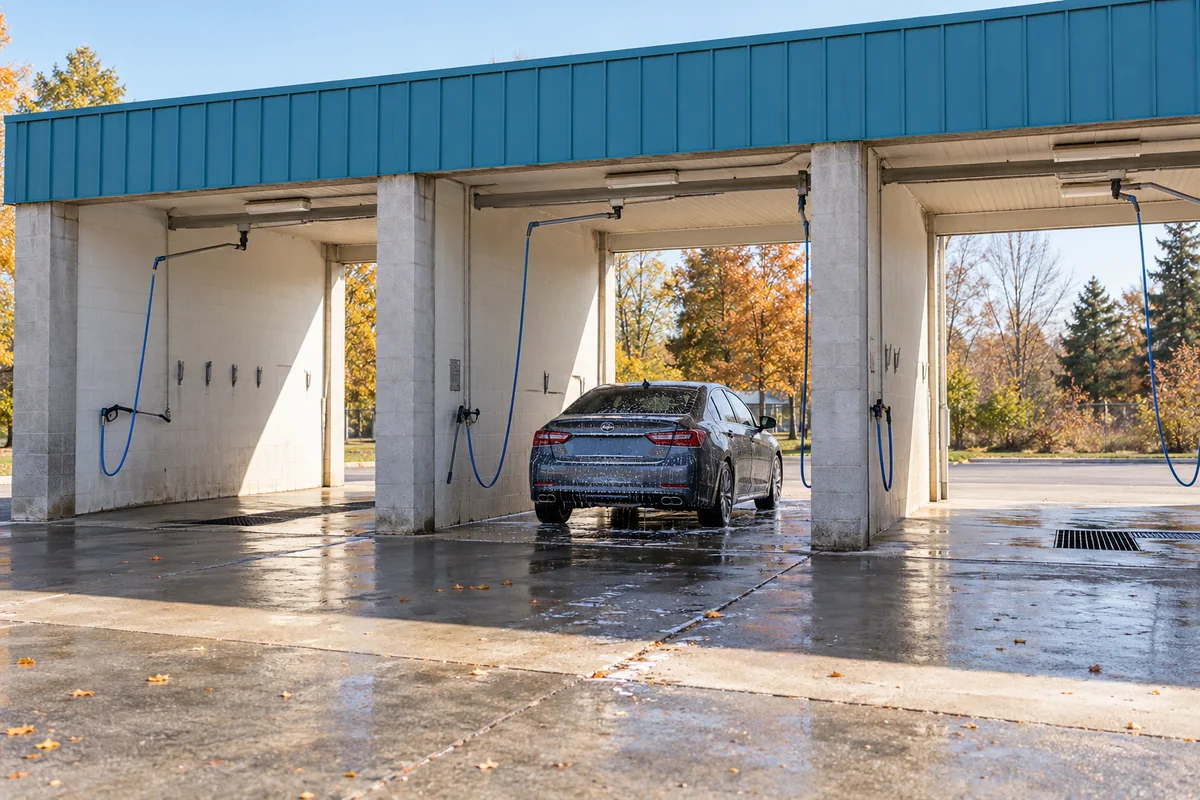 Illustrative open self-service wash bays with mounted wands and overhead hoses